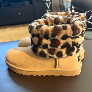 UGG Tan Ankle Boots with Leopard Print Cuff